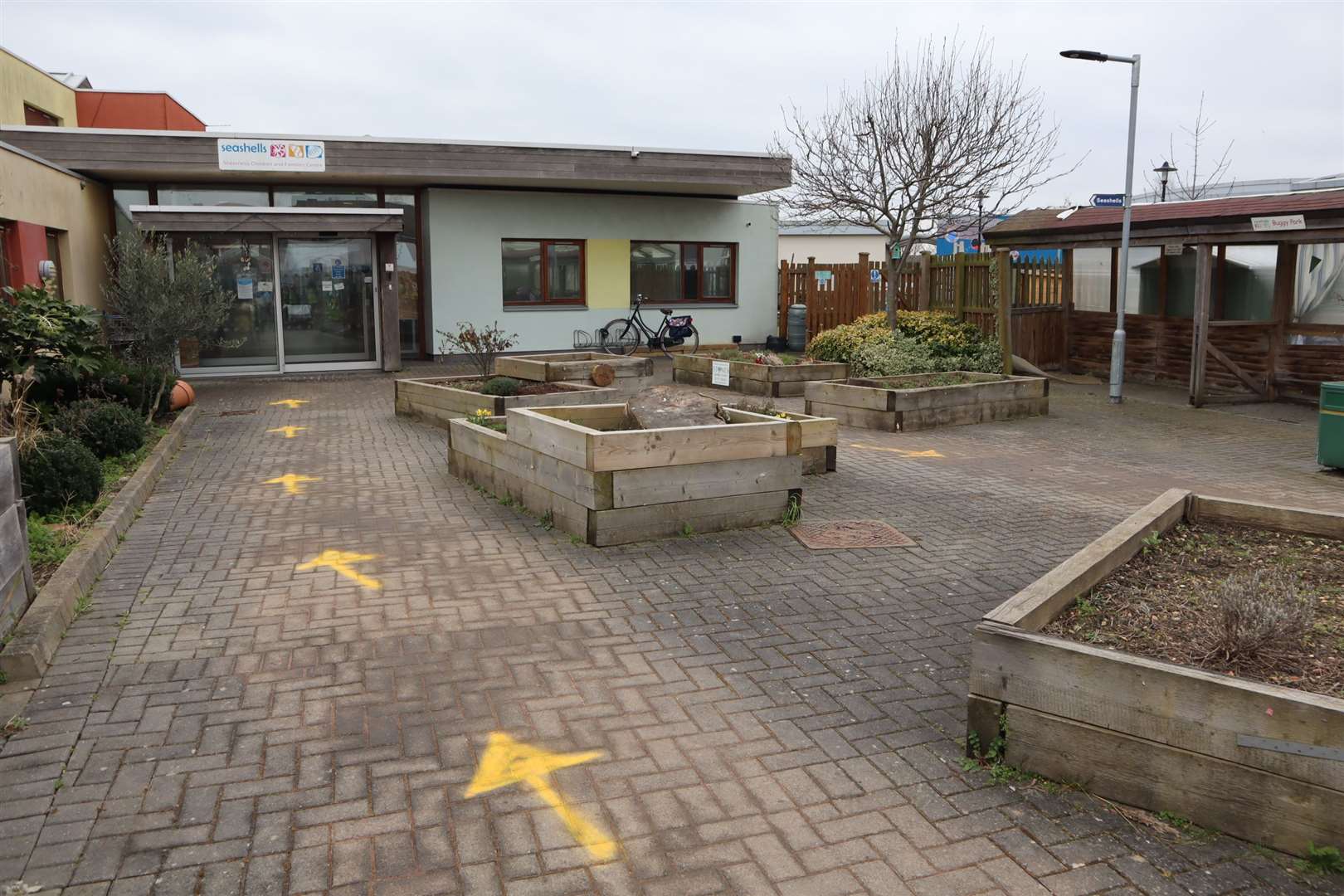 The entrance to Seashells children and families centre in Rose Street, Sheerness, with arrows marking the one-way system to make it Covid-safe