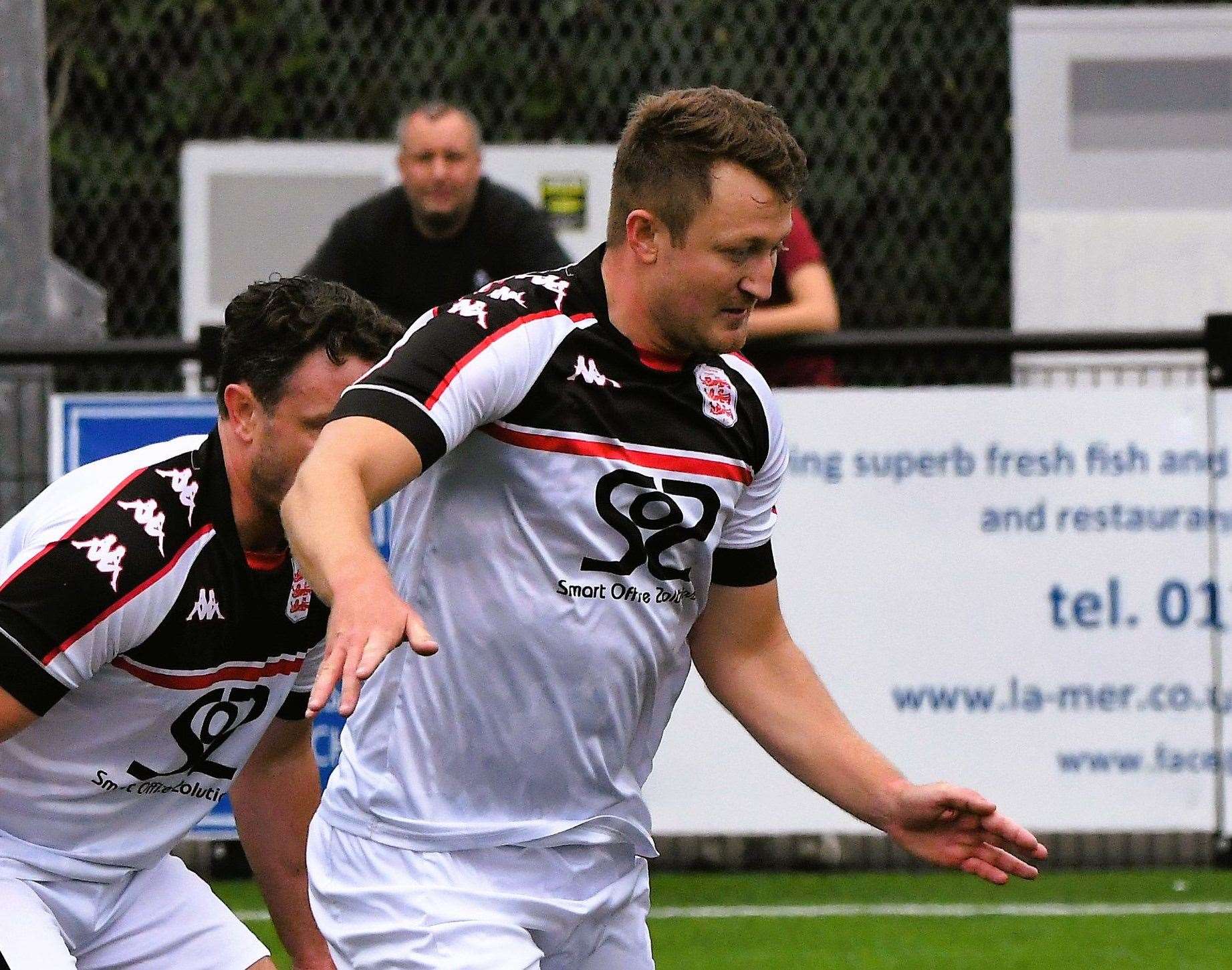 Captain Callum Davies - scored a late consolation in Faversham’s 3-1 FA Cup replay defeat at home against Broadbridge Heath on Tuesday. Picture: Marc Richards