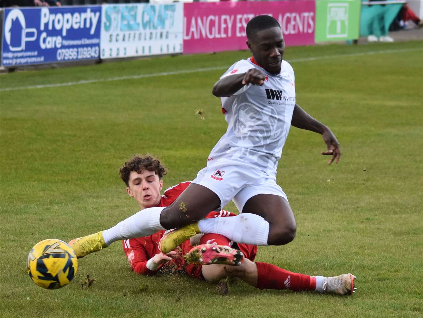 Ramsgate winger Jordan Green is taken at Beckenham. Picture: Alan Coomes