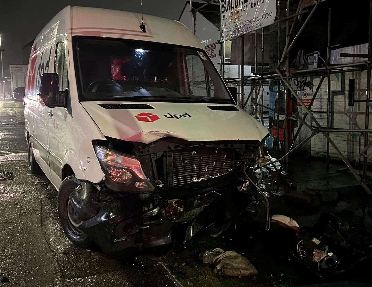 A DPD delivery van has crashed into the former White Lion pub in Cheriton. Picture: Amber Vellacott