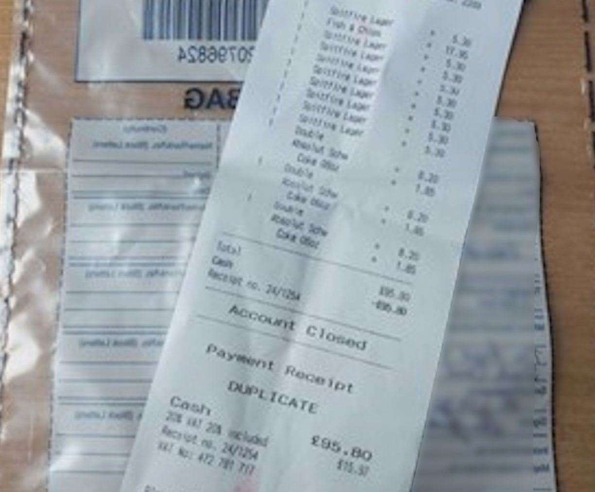 The £95.80 bill Anthony Lamont racked up at The Royal Hotel in Deal, including nine pints of Spitfire lager