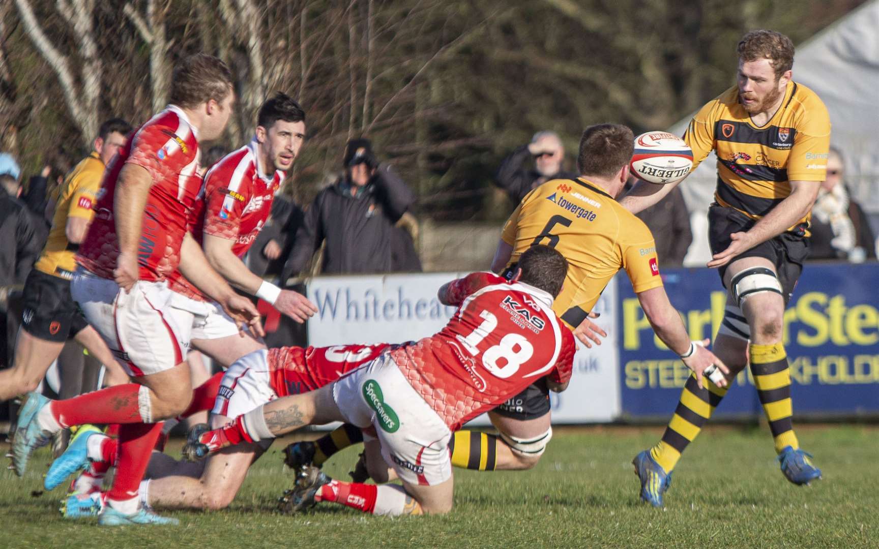 Canterbury hand off against Barnstaple on Saturday. Picture: Phillipa Hilton