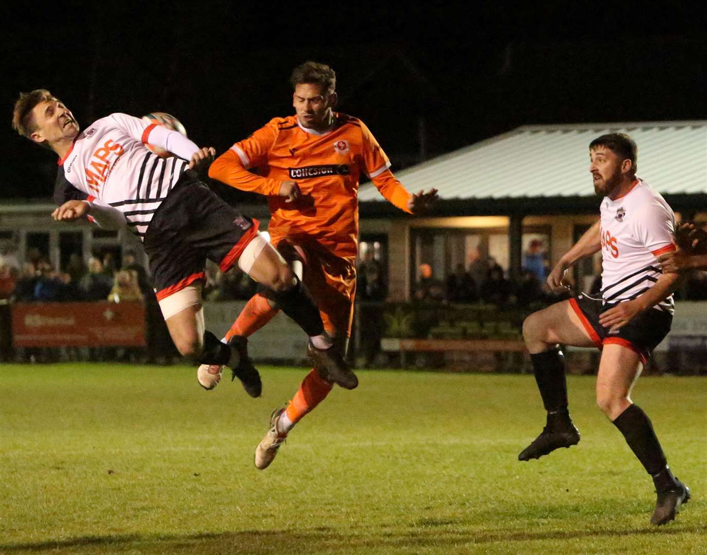 Tom Chapman and Connor Coyne are unable to find a way through for Deal Town in Tuesday’s 2-1 defeat to Punjab United. Picture: Paul Willmott