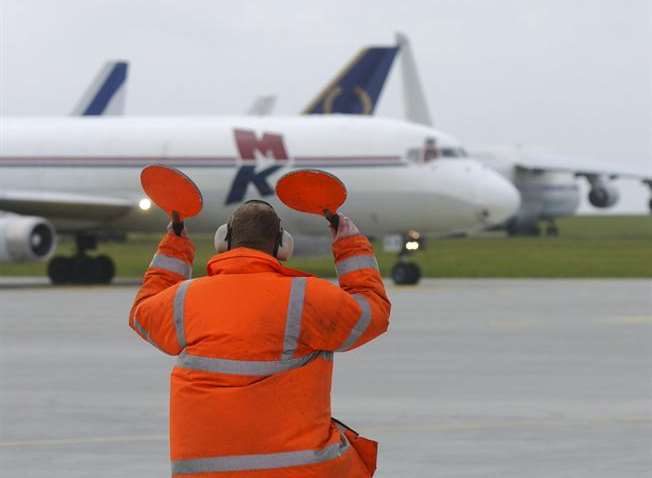 Ground grew taxi a plane at Manston airport. Picture: Simon Burchett