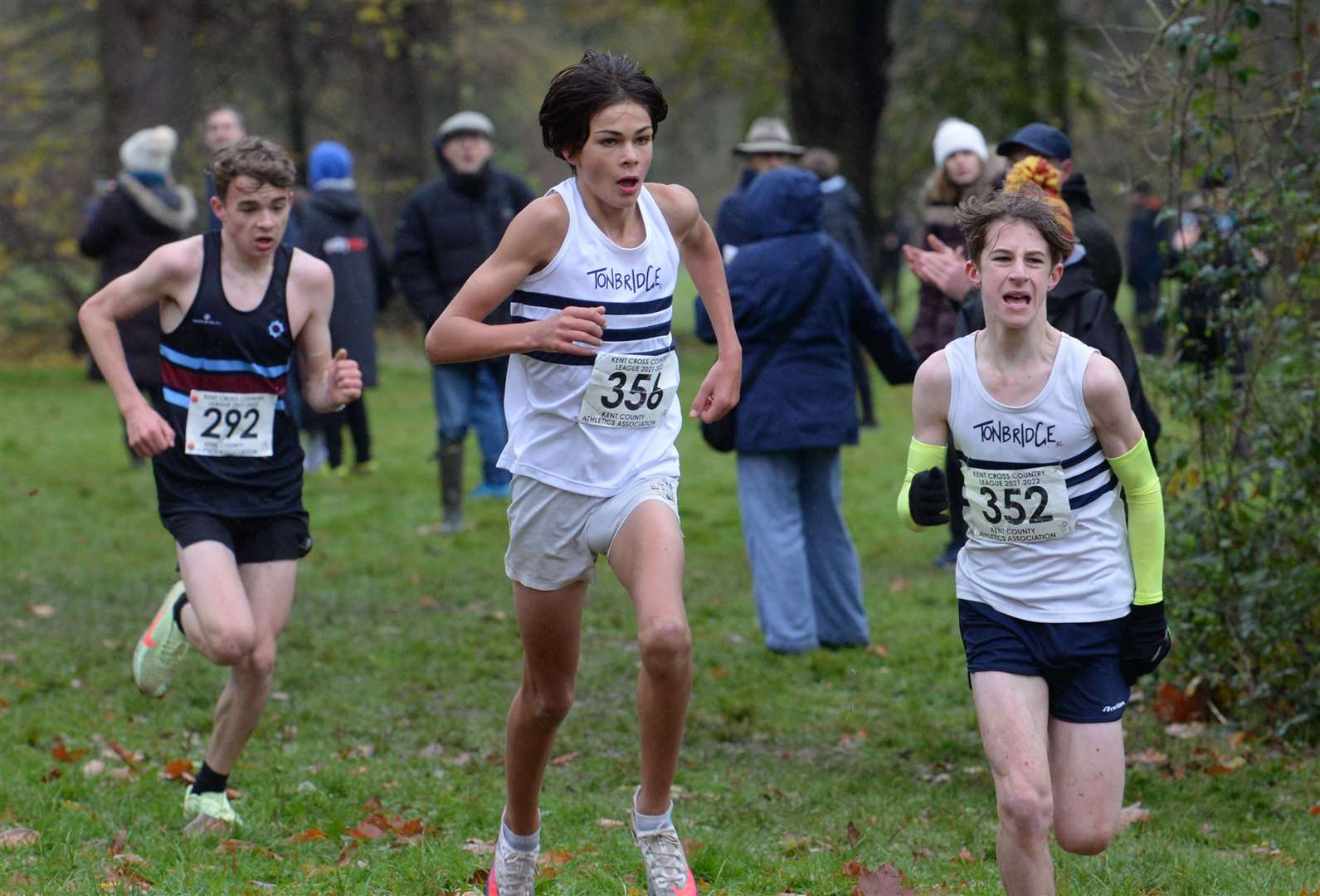 No.352 Harrison Fraser of Tonbridge AC races to take third place in the under-15 boys' race from fellow club member Oliver Head (No.356), with Alexander Middleton of Blackheath and Bromley in fifth. Picture: Chris Davey (53364413)