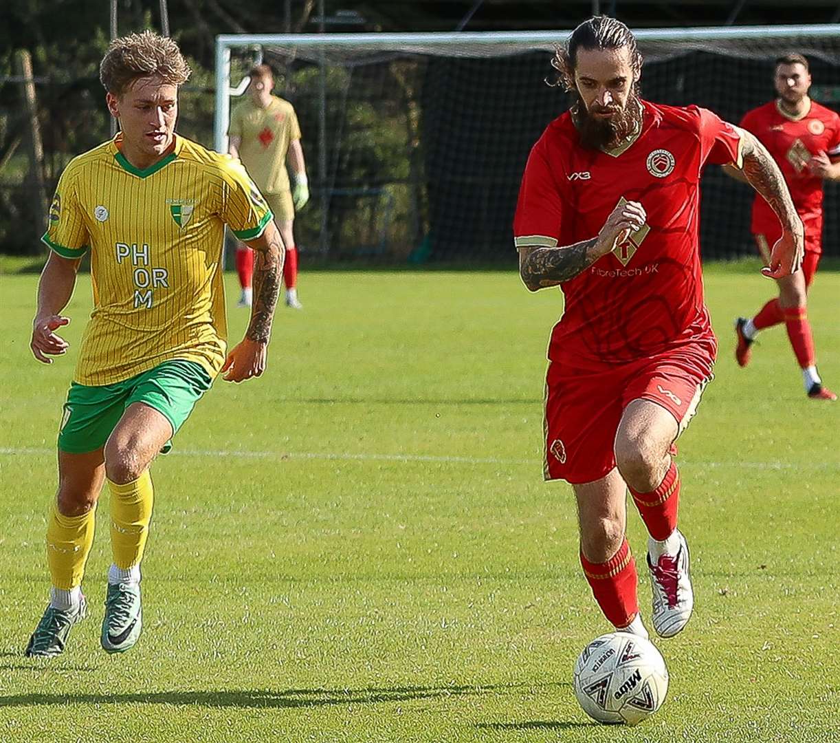 Defender Archie Johnson on the ball for Whitstable. Picture: Les Biggs