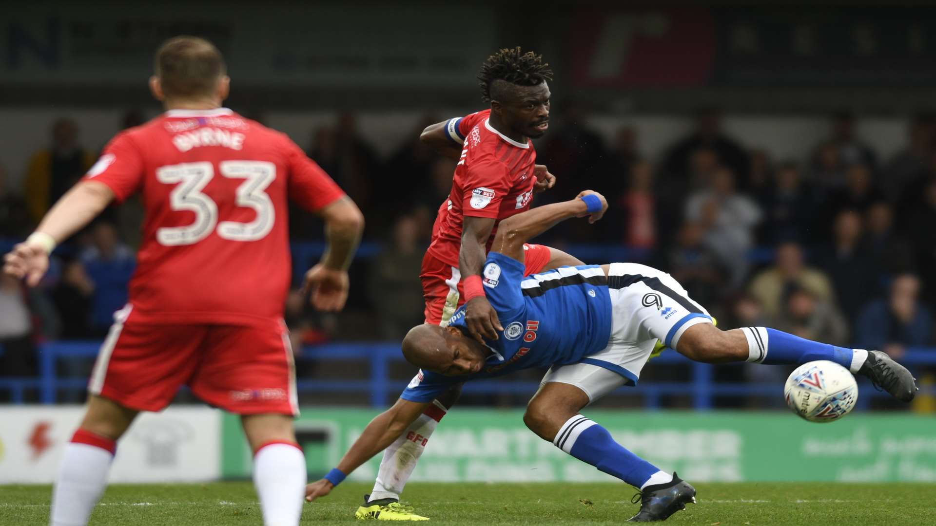 Gabriel Zakuani takes on Rochdale's Calvin Andrew Picture: Barry Goodwin