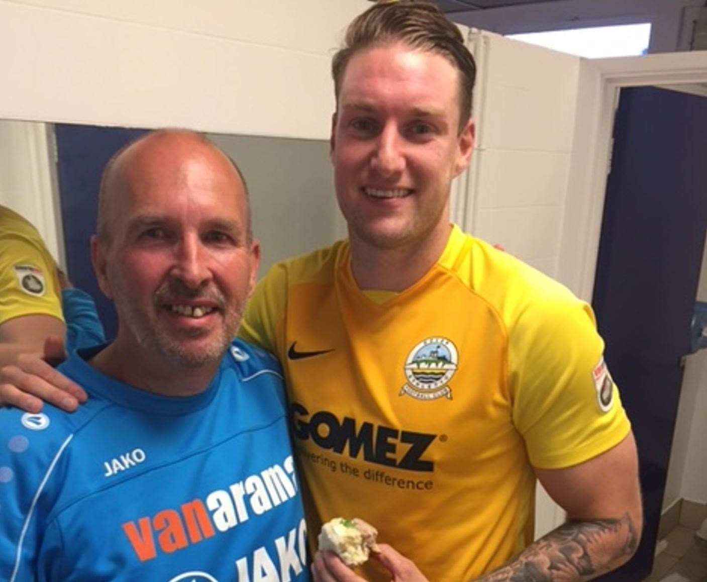 Dover kit man Richard Harvey (left) with Ryan Bird after their win at Tranmere in 2018/19