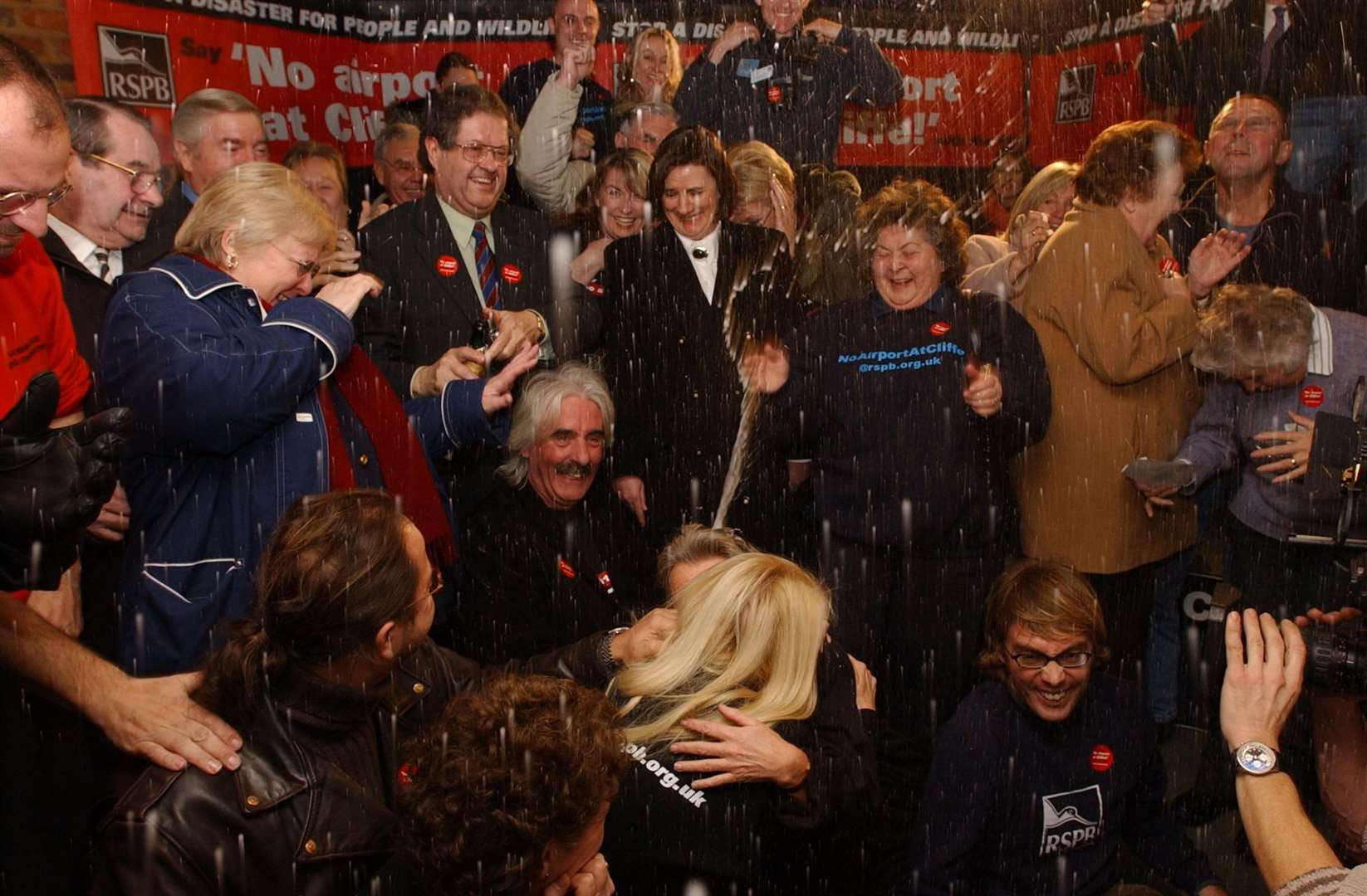 Champagne corks pop as the Cliffe Airport proposals are rejected by the then Labour government. Picture: Jim Rantell