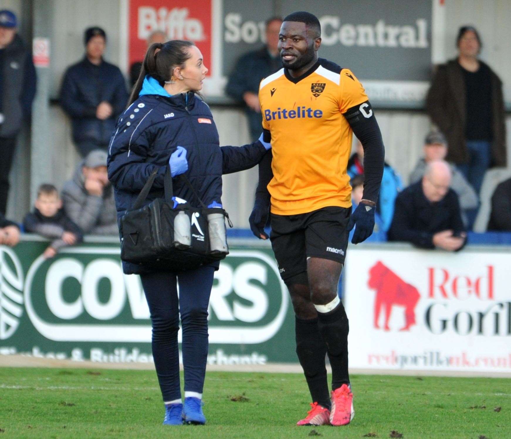 Beth Cooper treats Maidstone captain George Elokobi Picture: Steve Terrell (28424776)