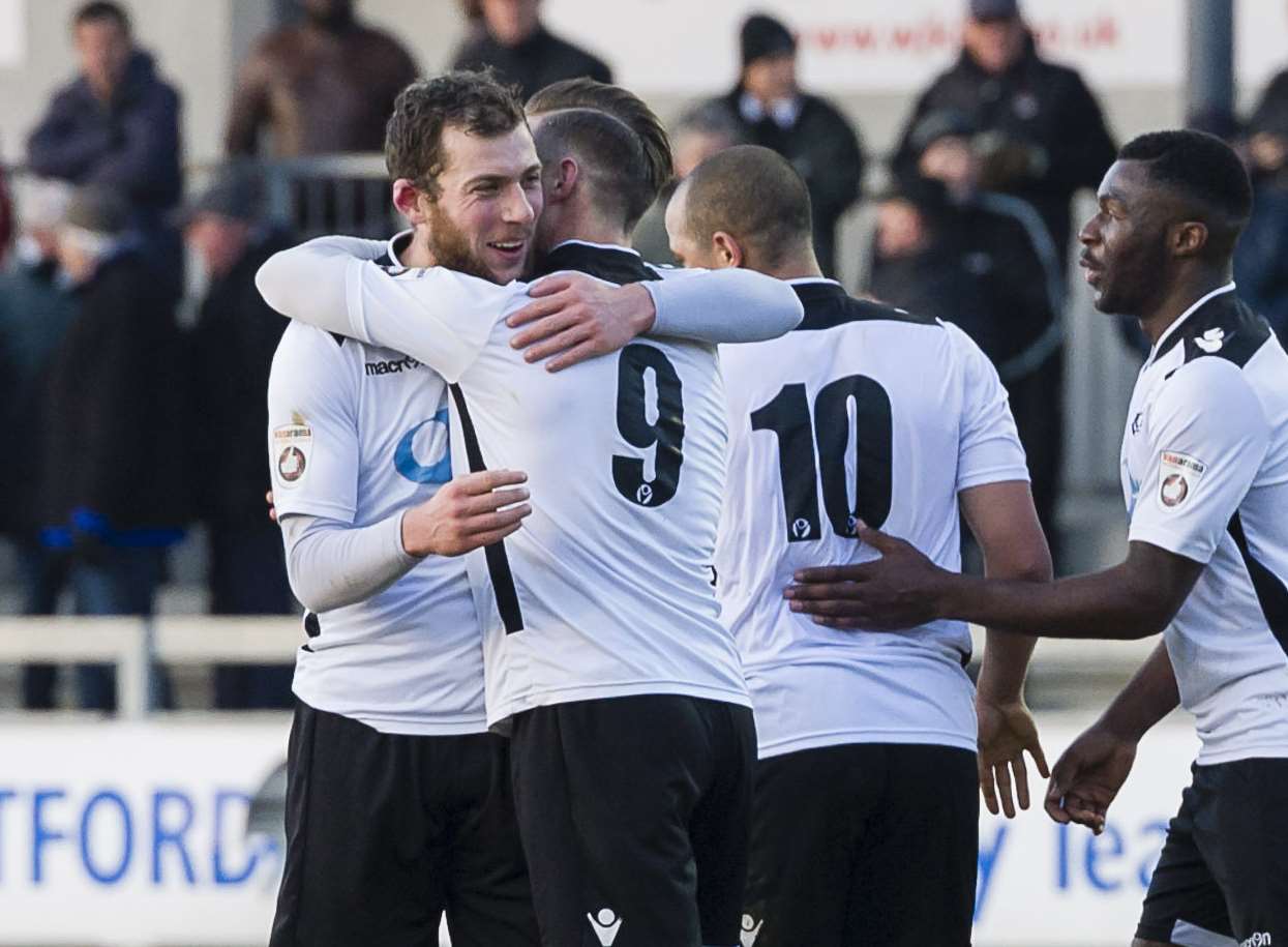 Ryan Hayes congratulates Andy Pugh after his second goal Picture: Andy Payton