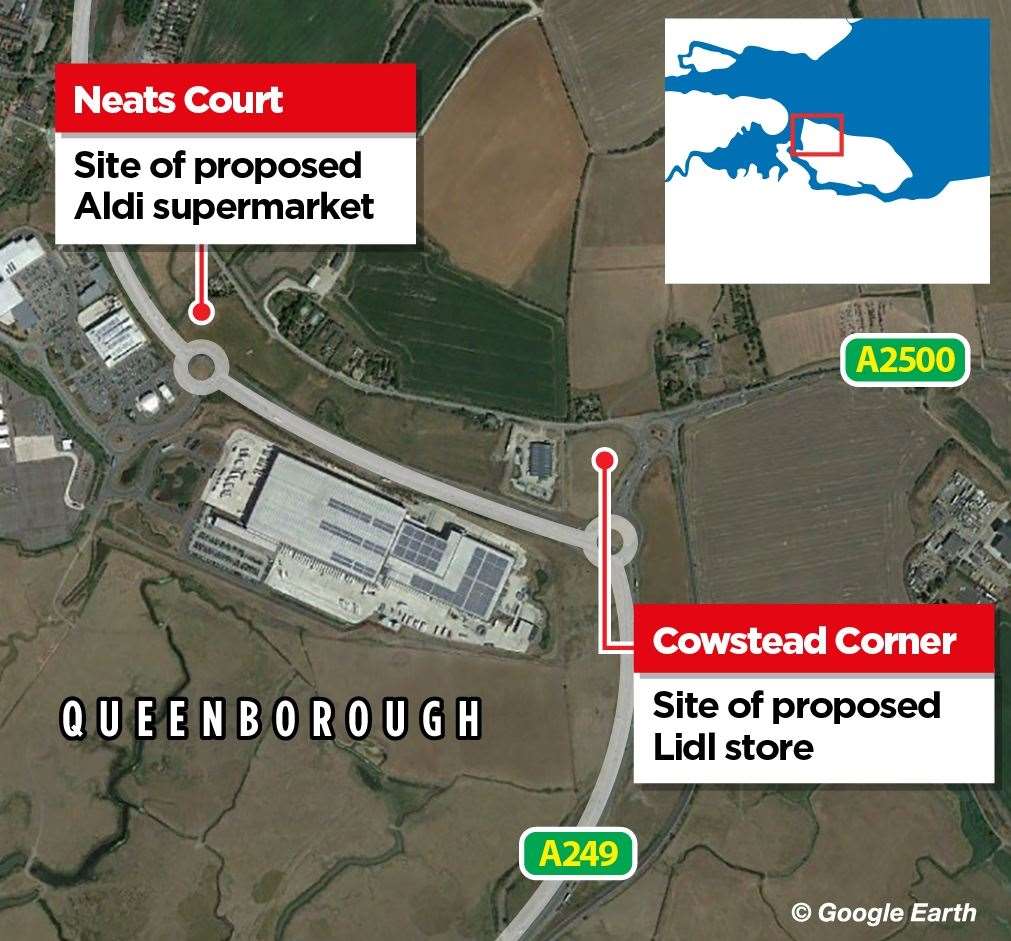 The location of the proposed Lidl, near Cowstead Corner, and the Aldi, at Neats Court