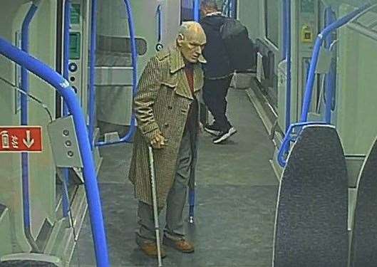 New CCTV shows missing Anthony Brown, 82, on the train towards Northfleet station where he got off the train. Picture: Kent Police