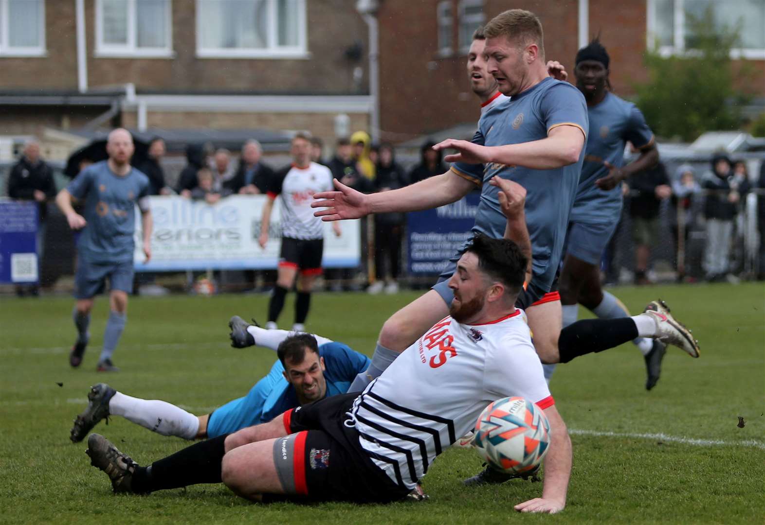 Long-serving Deal Town striker Connor Coyne narrowly fails to make contact with the ball on his final club appearance in Saturday’s season-ending 3-0 success at home to Stansfeld. Picture: Paul Willmott