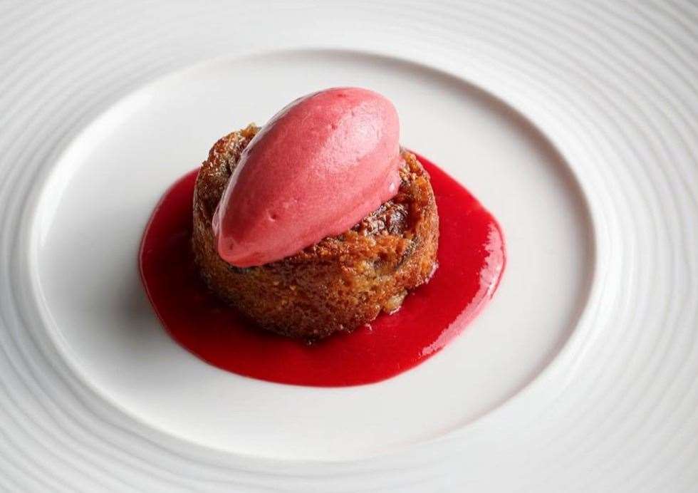 Baked fig frangipane with raspberry sorbet at The West House, Biddenden