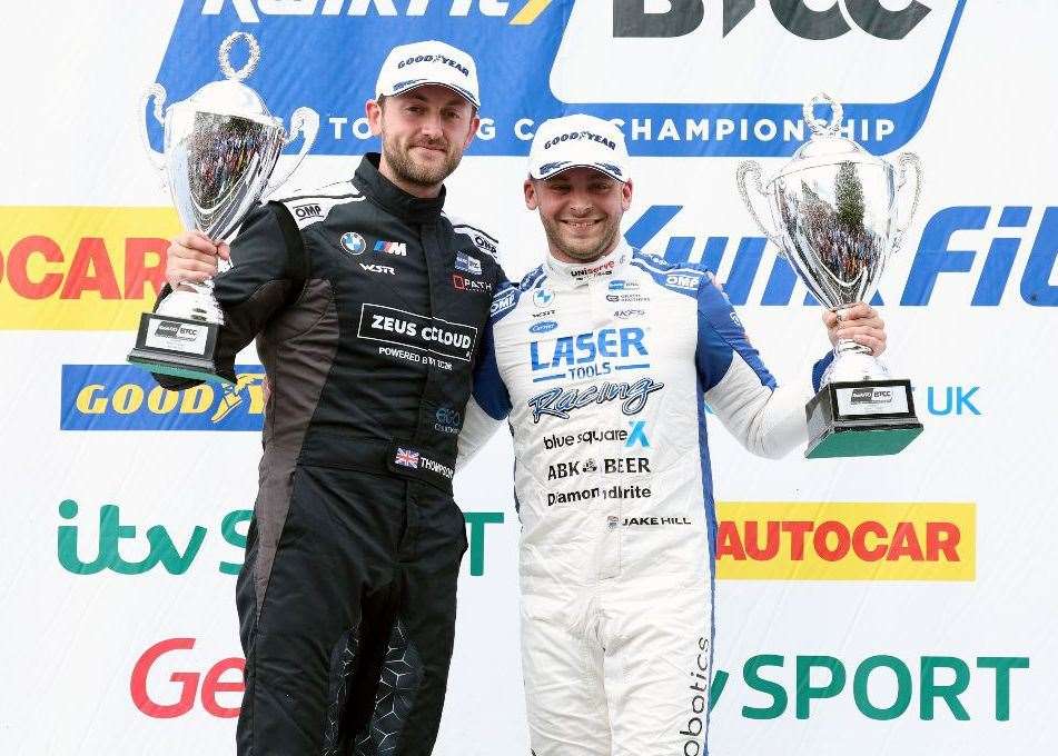 Jake Hill, right, and Bobby Thompson on the Snetterton podium. Picture: Jakob Ebrey/BMW