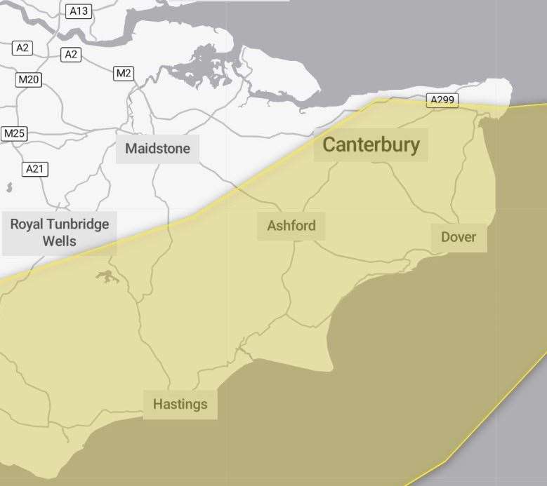 The Met Office warning for the weekend covers parts of Kent