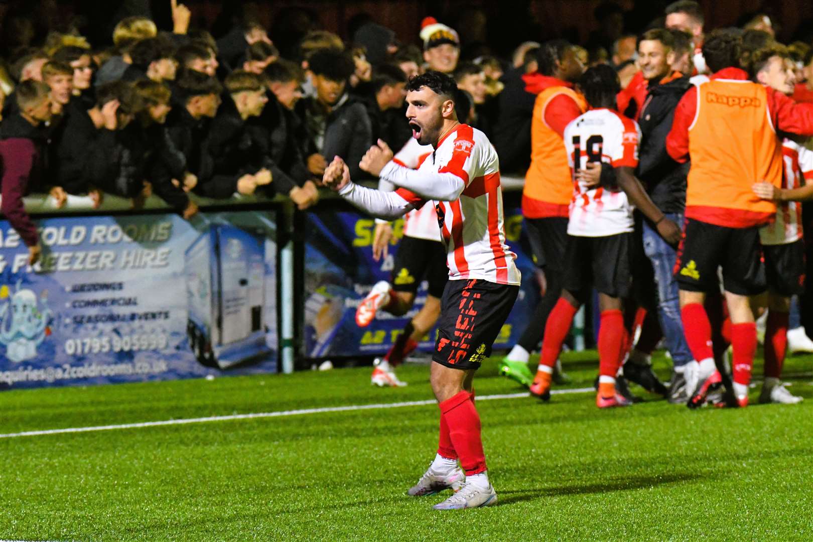 Sheppey’s James Bessey-Saldanha celebrates their FA Cup Fourth Qualifying Round replay win over Billericay which set up a televised tie with League 2 Walsall on Friday Picture: Marc Richards