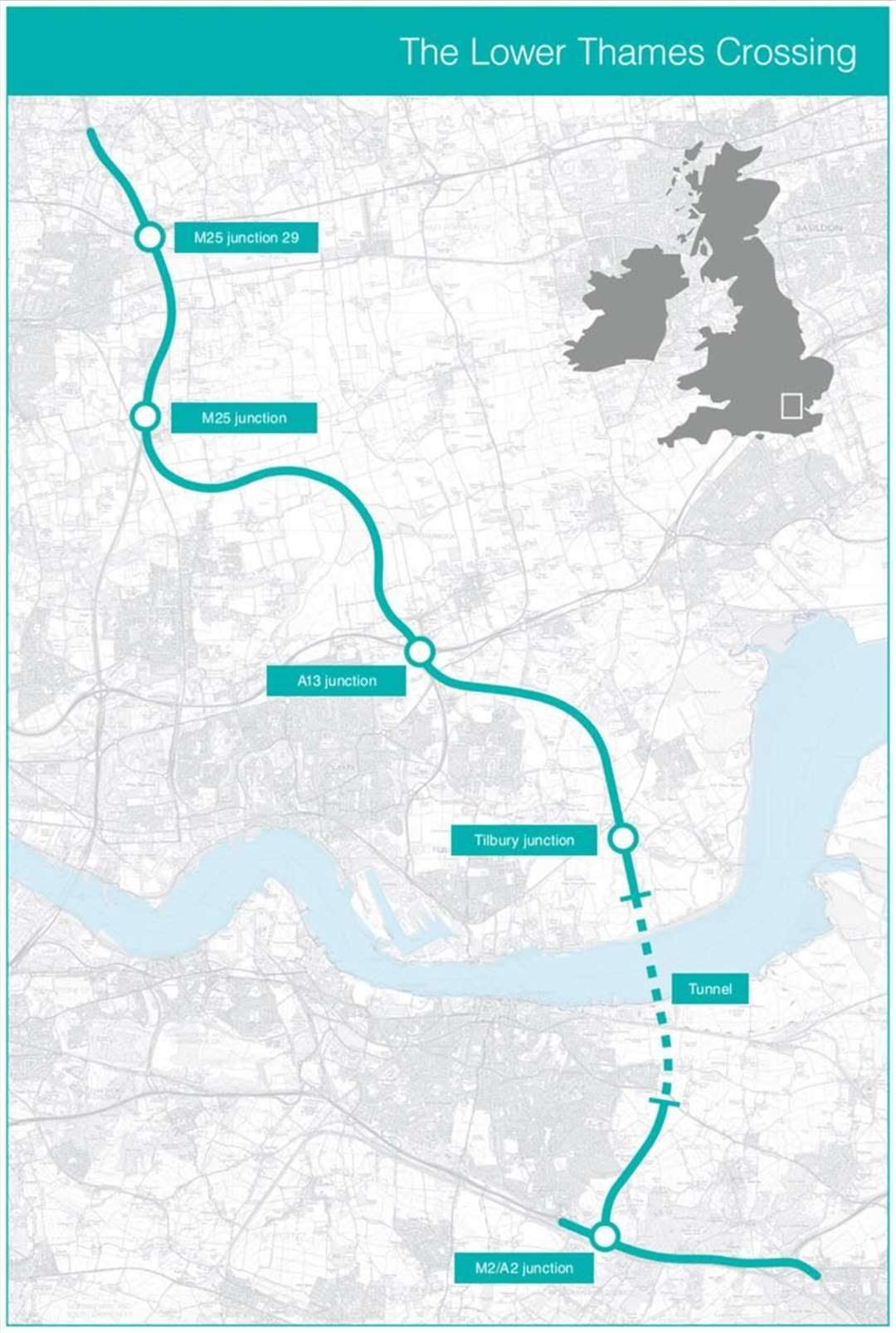 The latest proposed route of the new Lower Thames Crossing