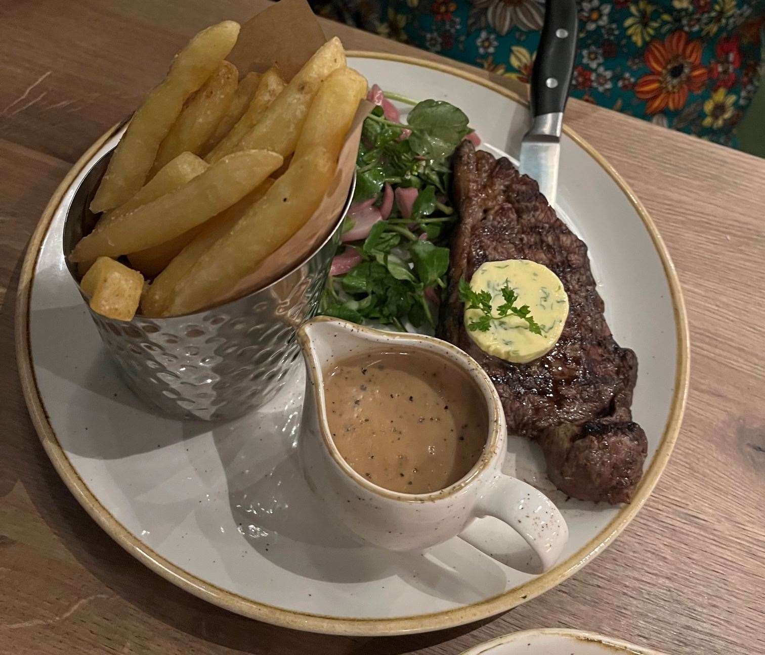 My steak with peppercorn sauce was cooked to perfection