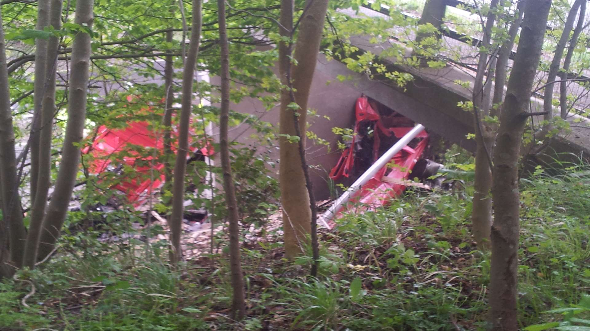 The wreckage of a truck that smashed into a bridge on the A2 near Canterbury