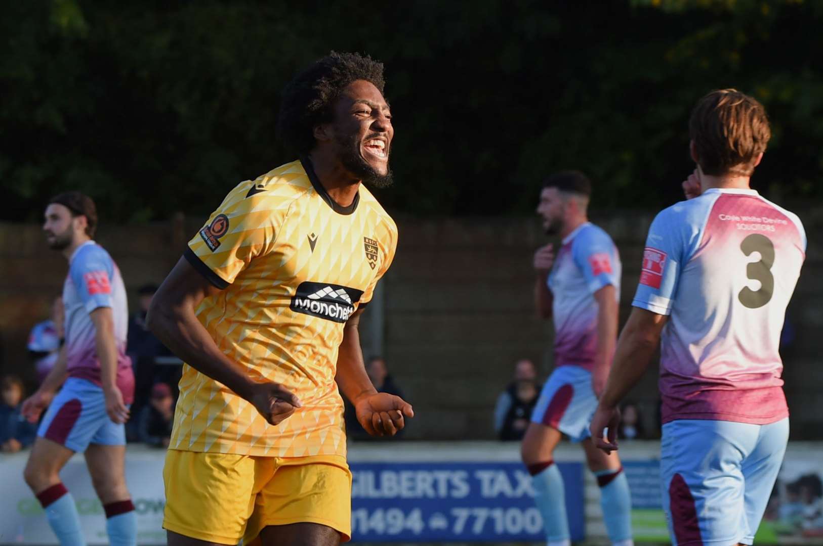 Devonte Aransibia celebrates his goal at Chesham. Picture: Steve Terrell