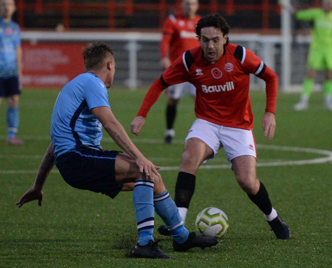 Chatham captain Jack Evans takes on Lordswood's Rob Gillman on Saturday. Picture: Chris Davey (53047164)