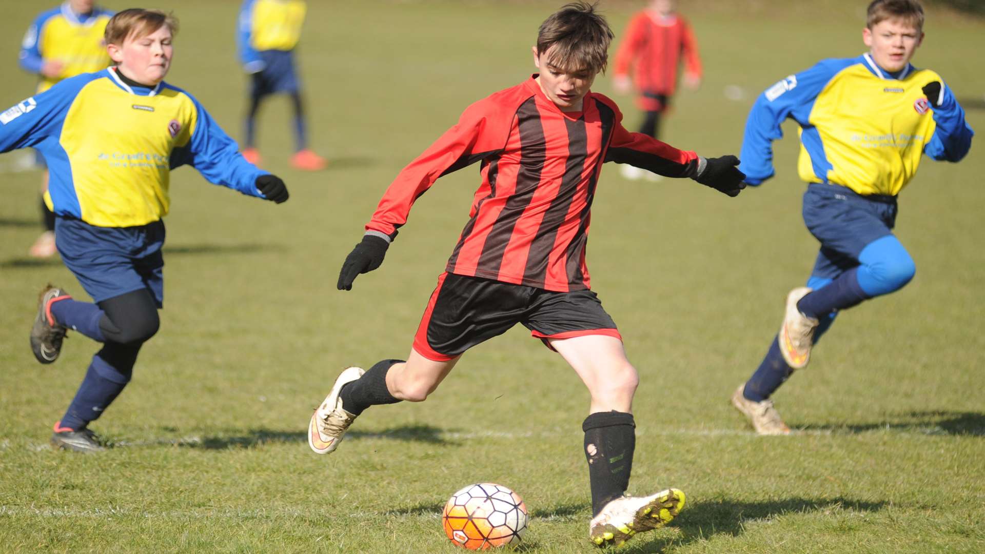 Cameron Austin scores for Meopham Colts in their 3-2 win over Hempstead Valley in Under-14 Division 2 Picture: Steve Crispe