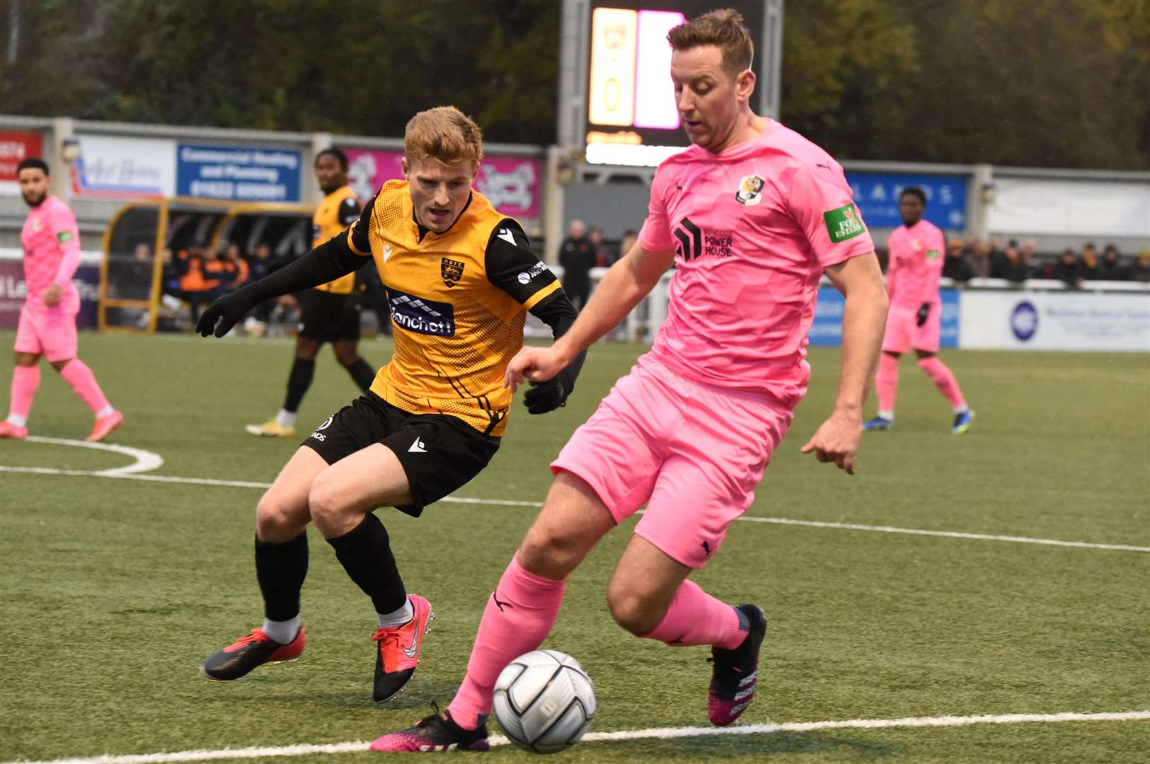 Dartford defender Connor Essam is closed down by Maidstone's Jack Barham last weekend. Picture: Steve Terrell