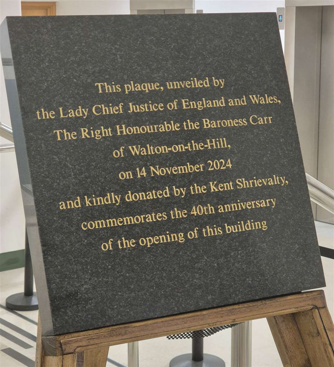 The commemorative plaque marking the 40th anniversary of Maidstone Combined Court Centre unveiled by the Lady Chief Justice of England and Wales, Baroness Carr of Walton-on-the-Hill. Picture: Julia Roberts