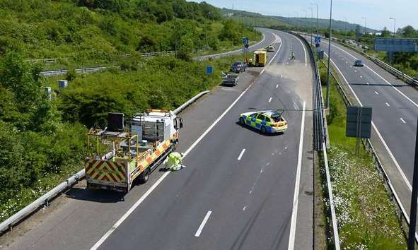 The trailer shed its load over the M20. Picture: @Kent_999s