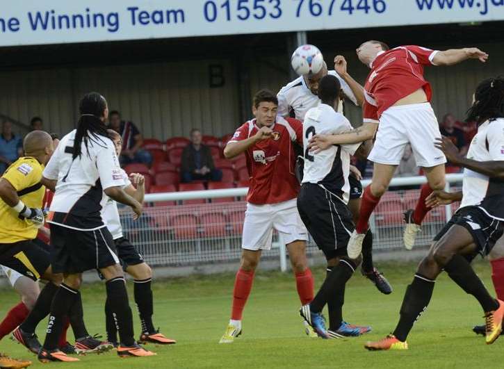 Richard Orlu heads Dover in front against Ebbsfleet (Pic: Gary Browne)