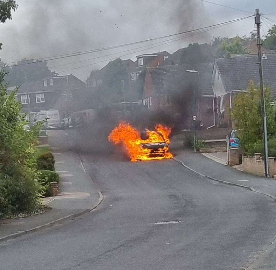 A car burst into flames on Hoads Wood Road in Sturry near Canterbury yesterday evening