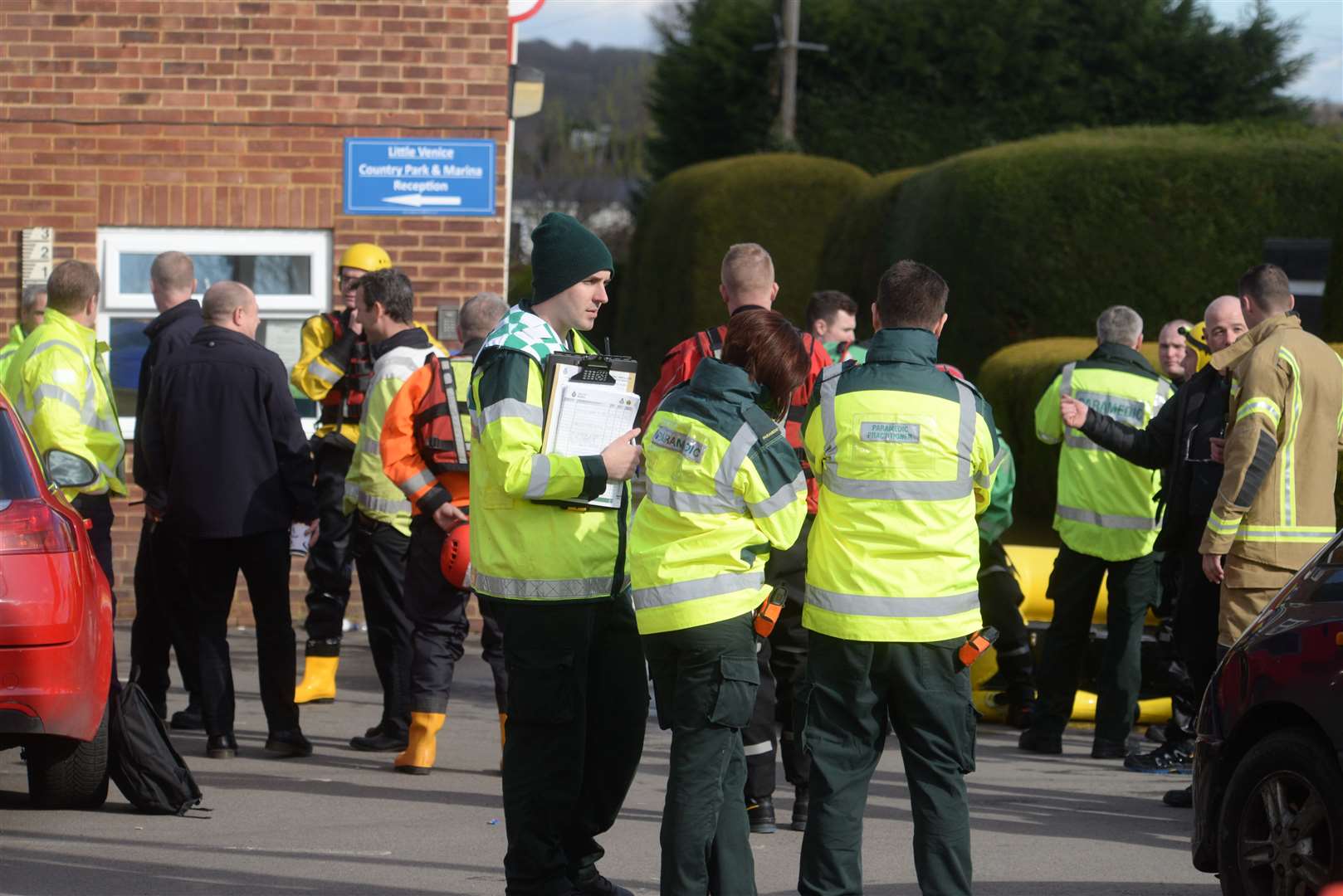 Emergency crews are gathering outside Hampstead Marine. Picture: Chris Davey