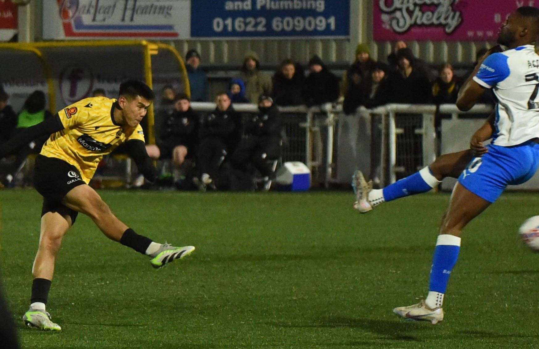 Maidstone midfielder Bivesh Gurung scores his spectacular winner against Barrow in the FA Cup. Picture: Steve Terrell