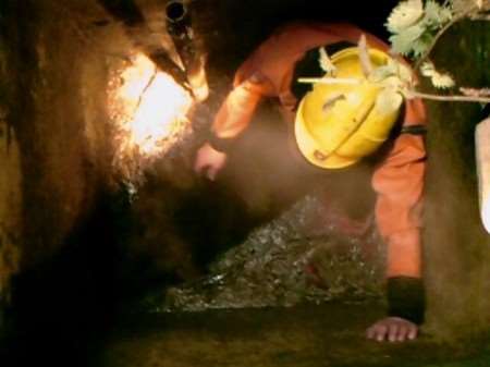 A firefighter on his way down to help Rocky