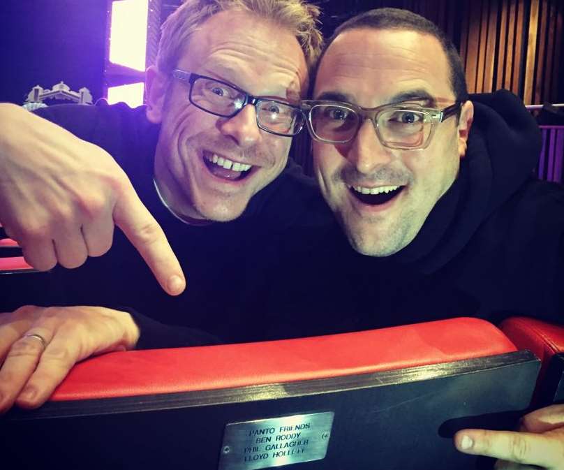 Lloyd and panto star Ben Roddy with the Marlowe chair with their names on