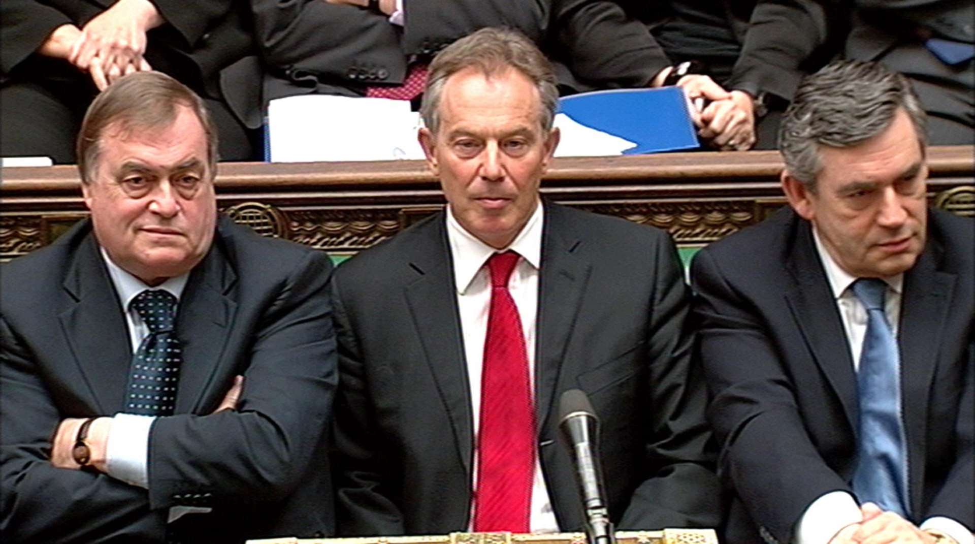 John Prescott and Gordon Brown sit with Tony Blair during his final Prime Minister’s Questions (Archive/PA)