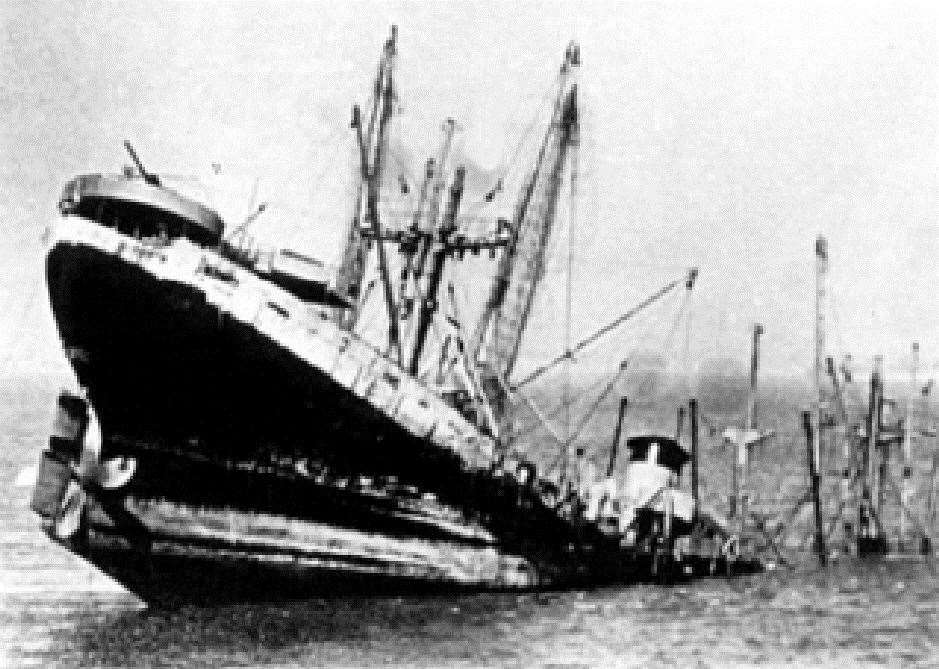 Photograph of the sinking of the Sheppey 'bomb ship' SS Richard Montgomery in August 1944