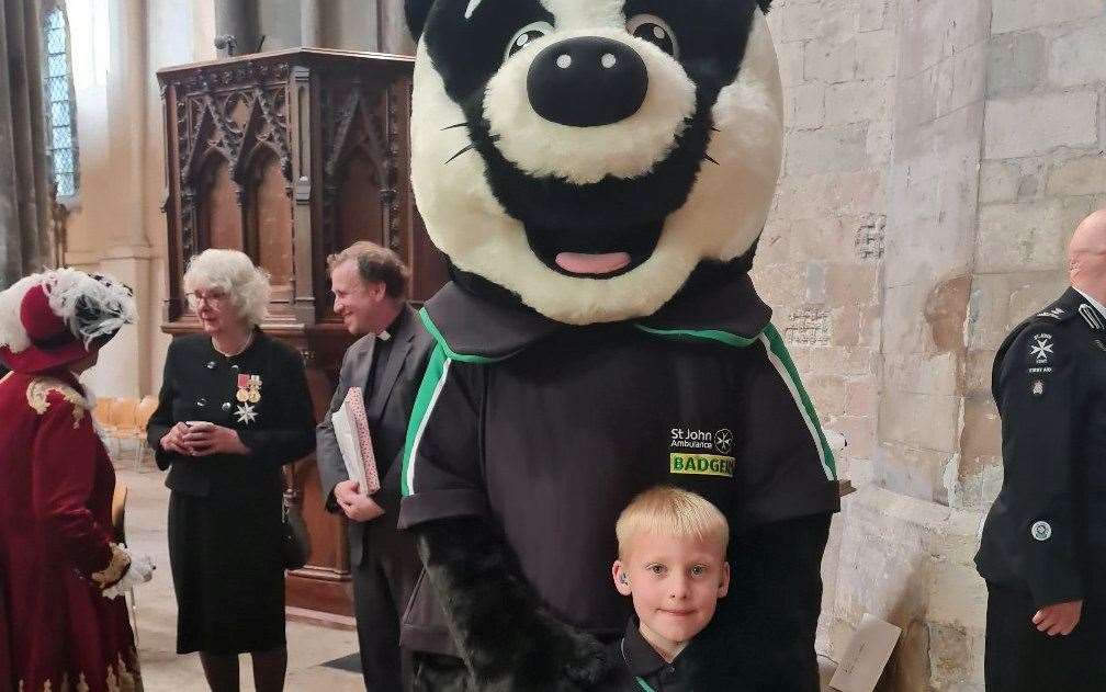 Claire's son, William, with the national SJA mascot, Bertie the Badger. Picture: Claire Maycock