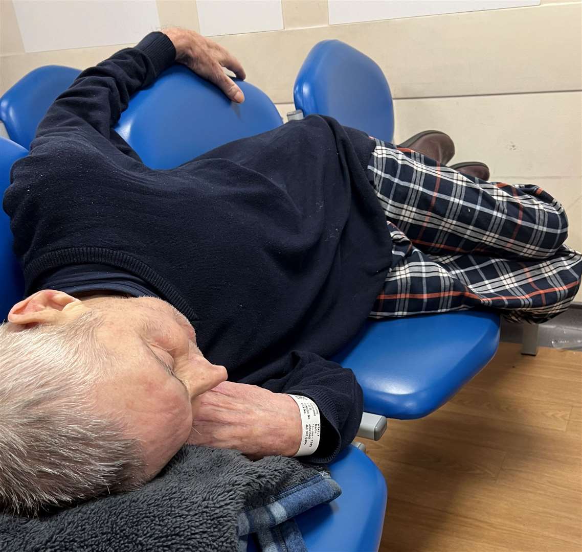 Martin Wakely laid on plastic chairs in A&E at Medway Maritime Hospital but struggled to get comfortable. Picture: Tracy Wakely