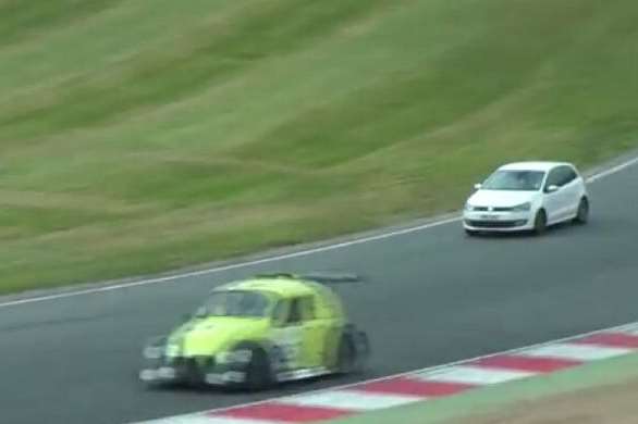 The white VW Polo gate-crashed the race at Brands Hatch