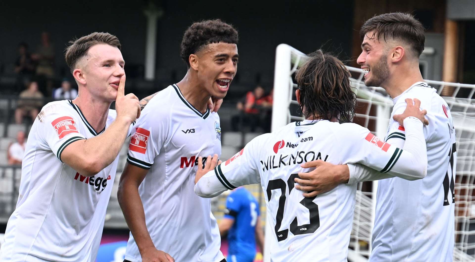 Entertaining Dover celebrate another goal during their stunning start to the campaign. Picture: Barry Goodwin