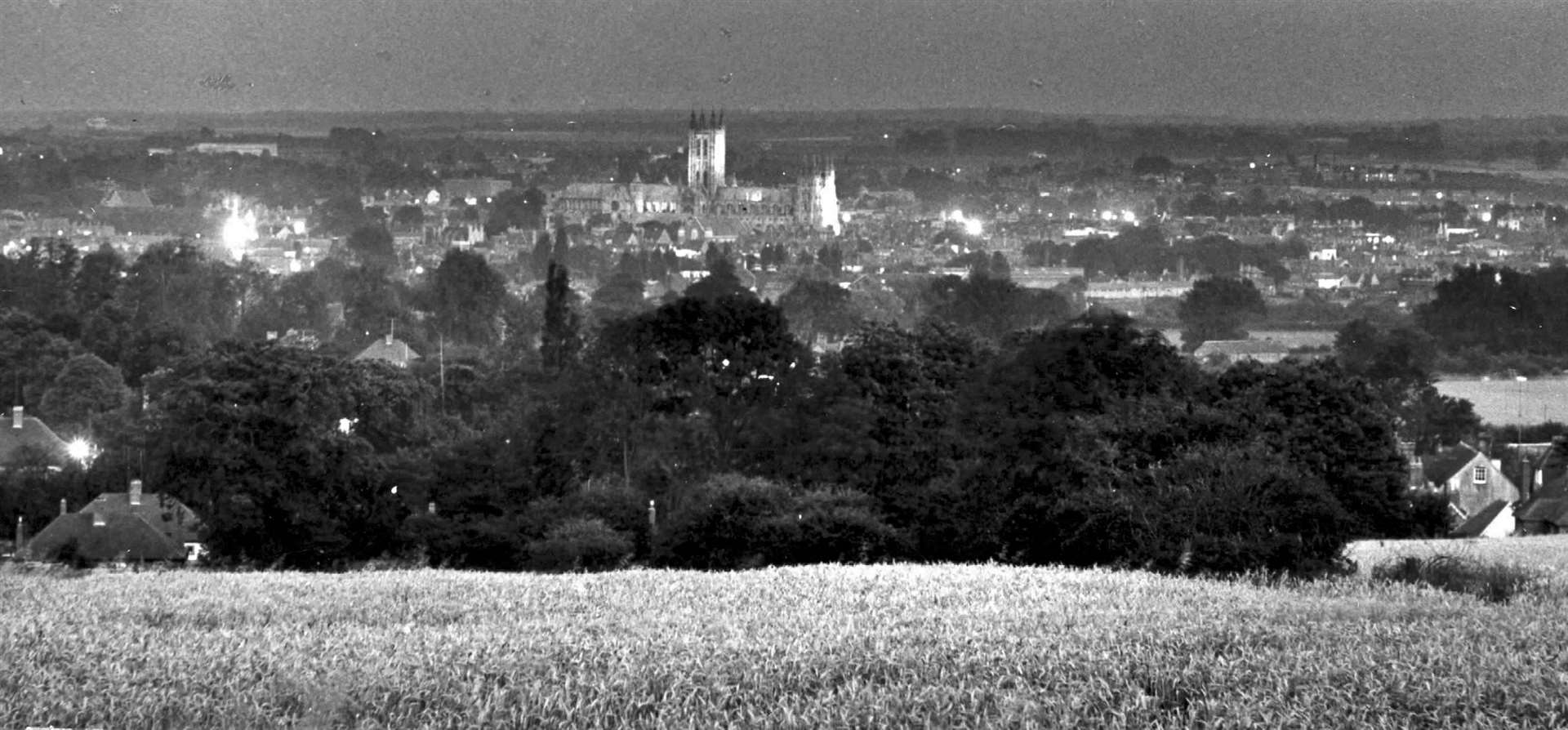 Canterbury at night in August 1957. The Cathedral's library was rebuilt in 1954 following war damage