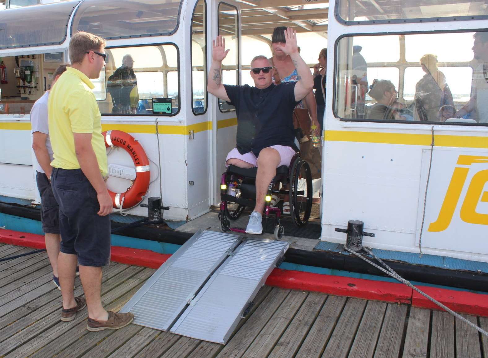 One-legged Matt Bromley managed the trip from Queenborough to Southend on Monday with help from Sandra Bray and her daughter Jade