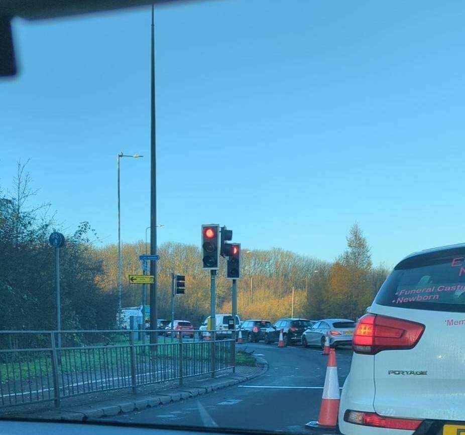 The traffic approaching Blue Bell Hill