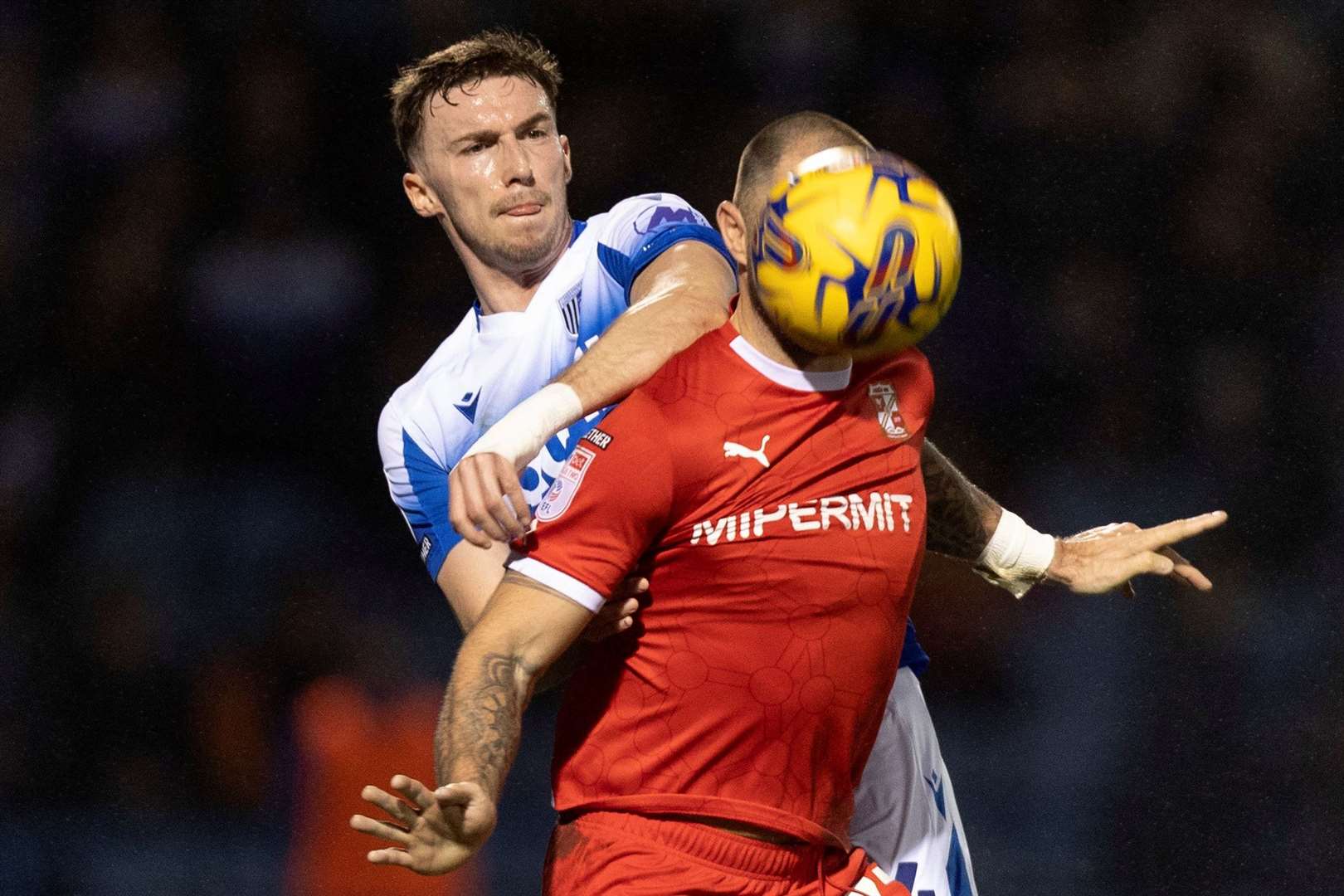 Oli Hawkins battles for the ball at Priestfield last week Picture: @Julian_KPI