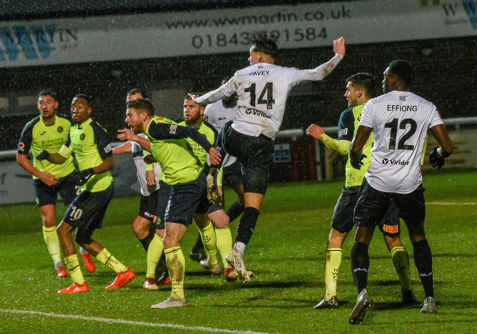 Alfie Pavey heads home for Dover against Havant Picture: Alan Langley