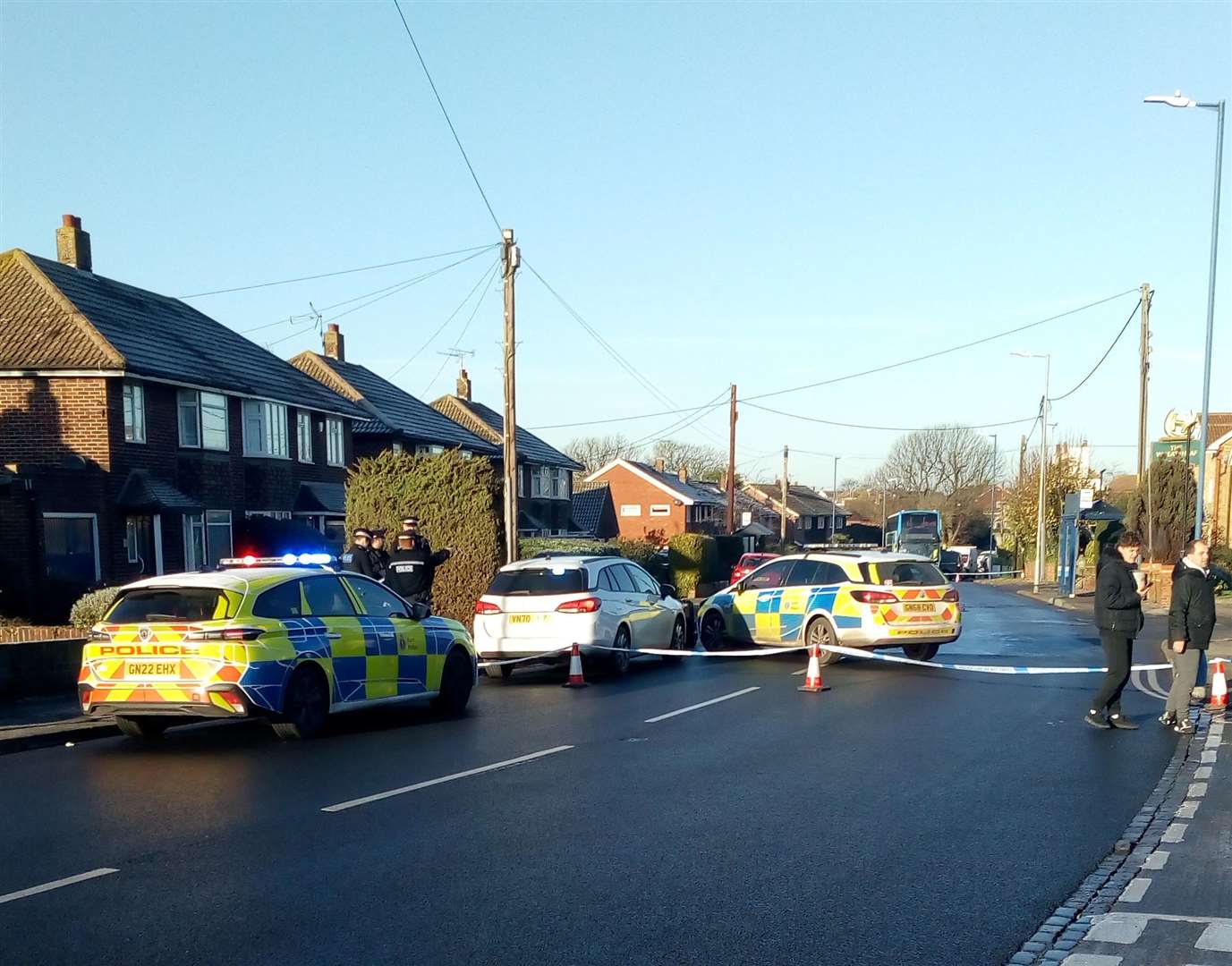 Police outside the Wheatsheaf pub after a pedestrian was hit by a car in Herne Bay Road in Swalecliffe, Whitstable. Picture: Nigel Hall