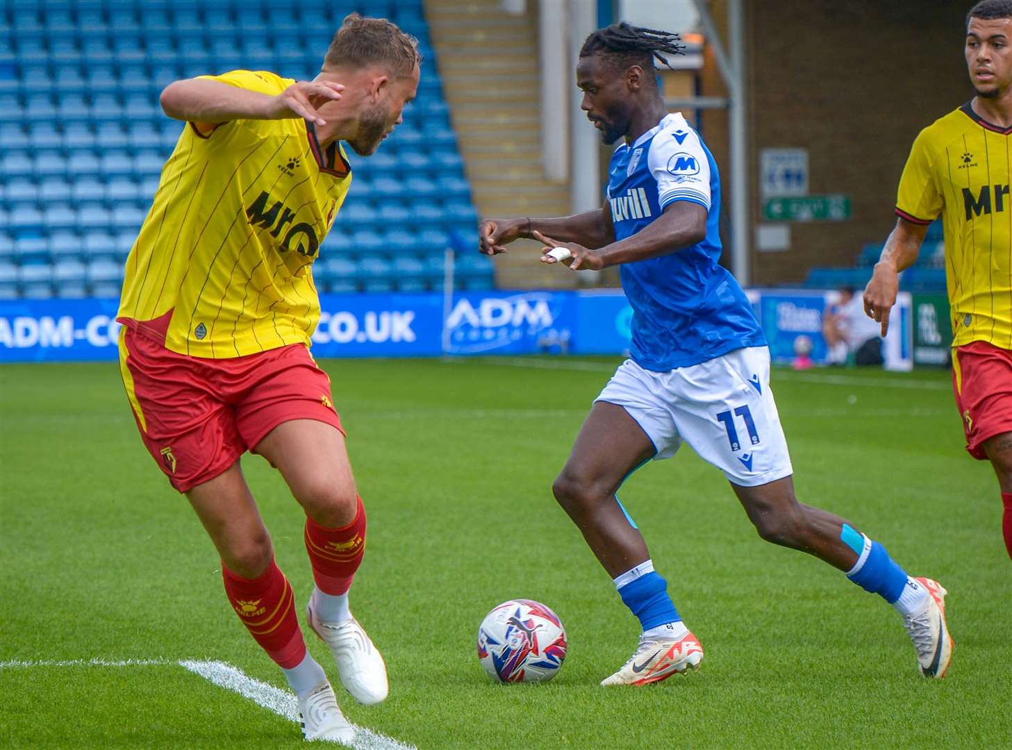 Aaron Rowe taking on a defender against Watford Picture: Stuart Watson